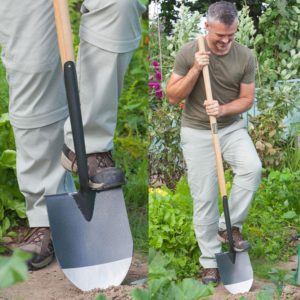 A man using a proper size shovel, demonstrating proper gardening ergonomics for Carolina Physical Therapy. 