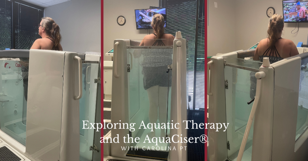 What is aquatic therapy? Pictured is a patient undergoing Aquatic Physical Therapy with the AquaCiser at Carolina PT.