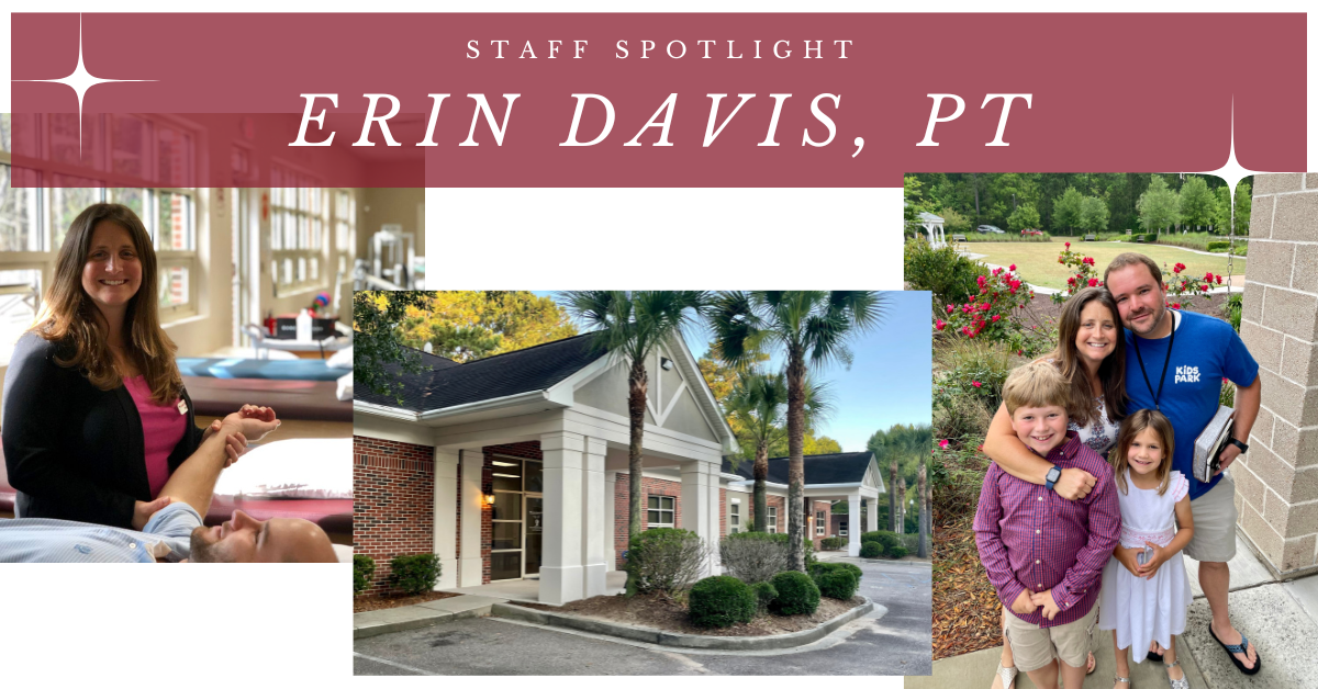 Blog header graphic featuring Erin Davis, PT, Clinic Director at Carolina Physical Therapy in Mount Pleasant, SC, along with her family at a Crimson Tigers game, showcasing their passion for sports and community involvement.