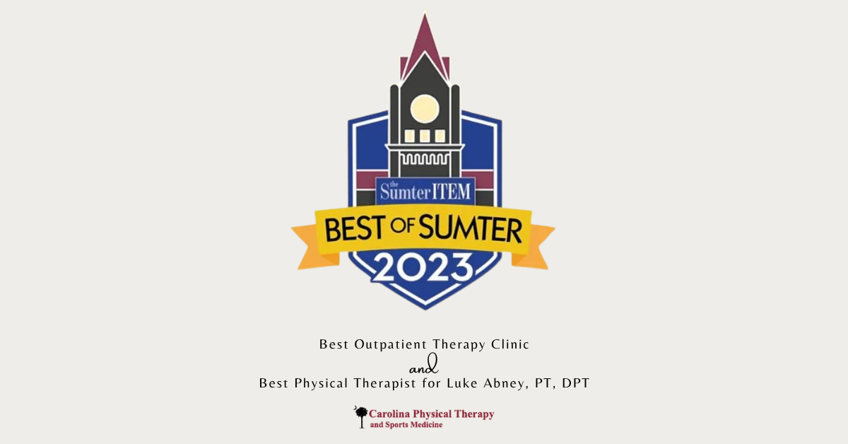 Graphic of the Best of Sumter 2023 badge, featuring the text "Best Outpatient Therapy Clinic" and "Best Physical Therapist" with the Carolina Physical Therapy logo. The badge is decorated with stars and a ribbon, indicating it is an award. The background is a dark blue color.
