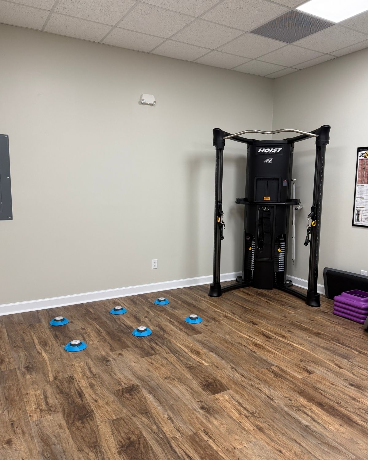 Therapy area at Carolina Physical Therapy Centerville, including space for instrument-assisted soft tissue mobilization and sports medicine exercises.